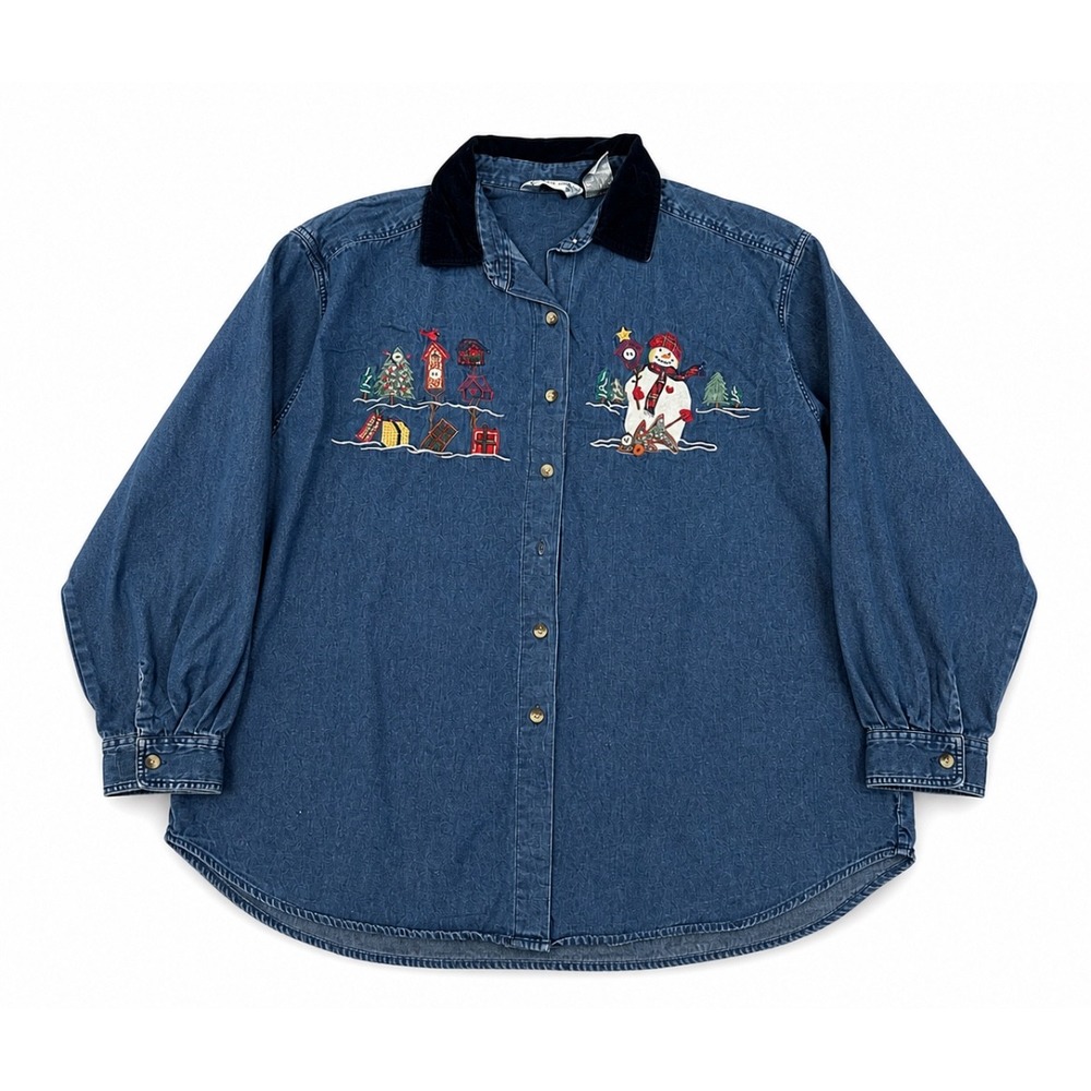 Vintage Victoria Jones Christmas Denim Shirt 22W Snowman Embroidered Holiday Top